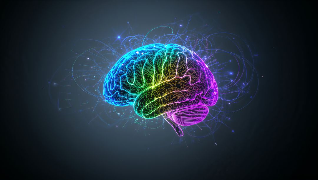 Glowing neon brain wireframe pulsing with holographic neural network and rainbow gradient