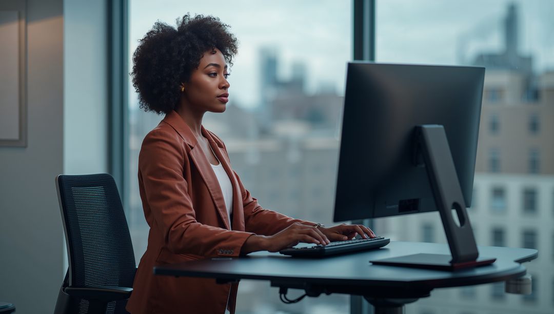 Focused Professional Working at a Modern Office Standing Desk