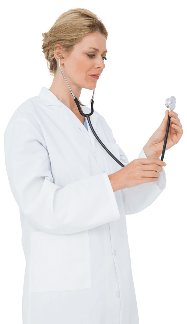 Blonde Doctor Using Stethoscope in White Lab Coat Transparent Background