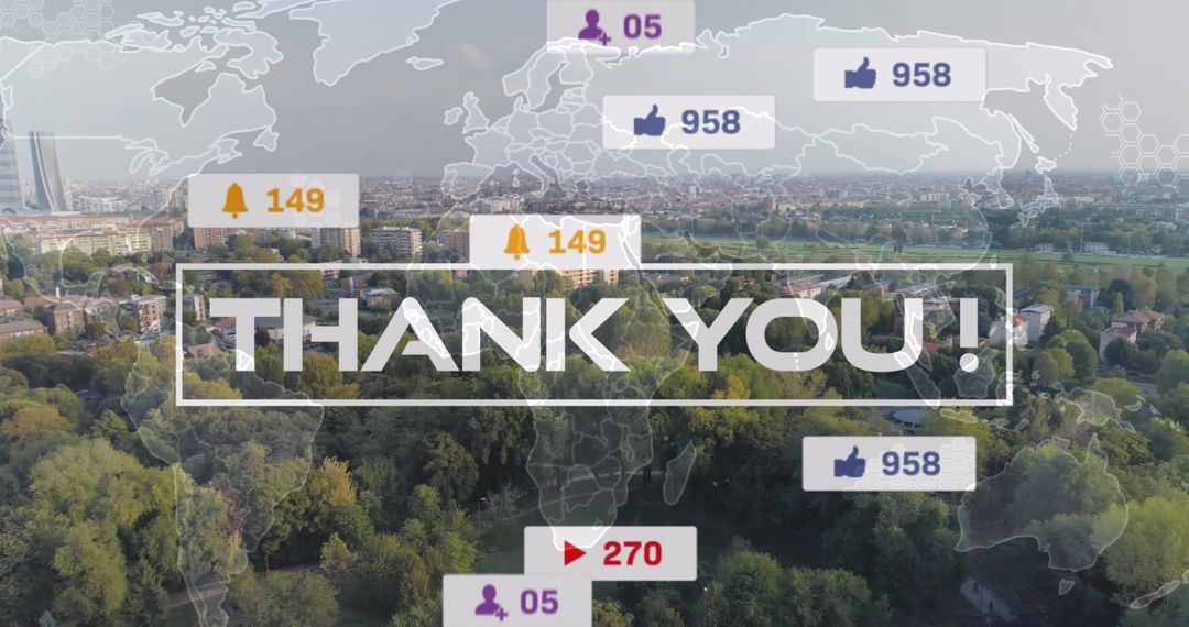 Thank You Message with Social Media Interaction Icons and World Map