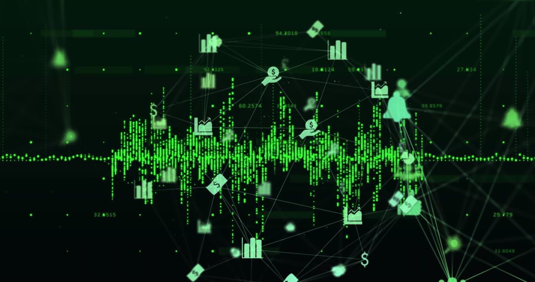 Digital Interface Display with Financial Graph Icons Overlay