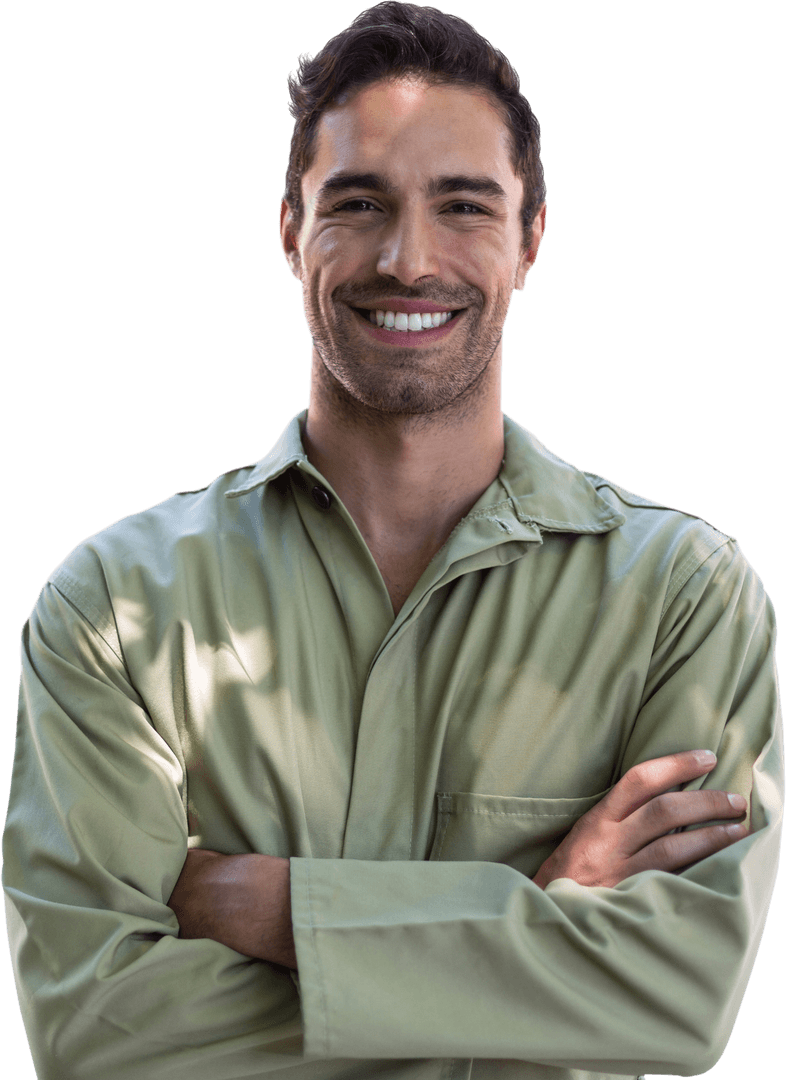 Transparent Portrait of Smiling Worker in Uniform with Crossed Arms