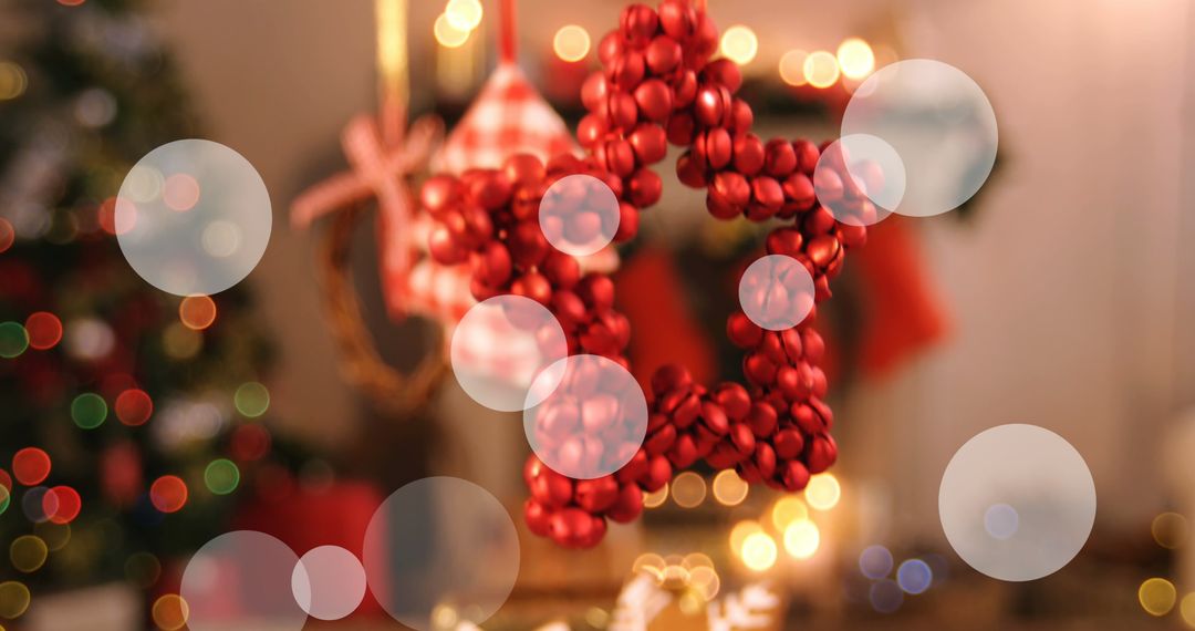 Festive Red Star Ornament with Bokeh Christmas Lights