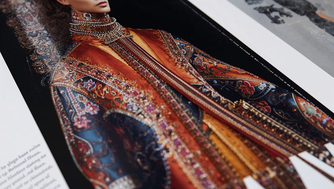 Couture beaded coat with jeweled collar on glossy editorial magazine spread