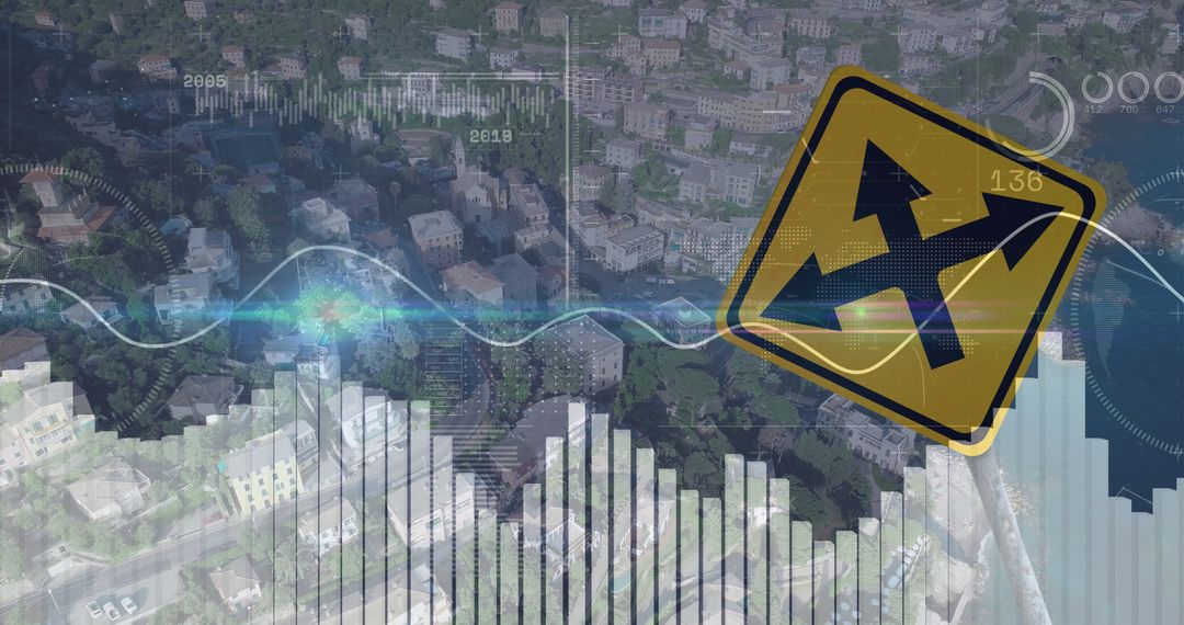 Financial Data Overlay on Cityscape with Direction Sign