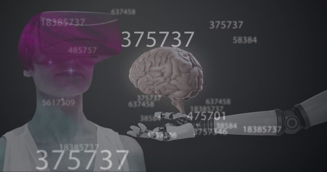 Virtual Reality Woman and Robot Analyzing Digital Brain