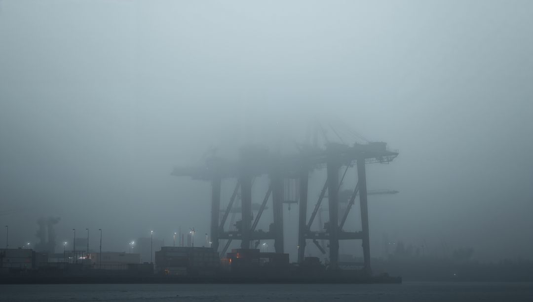 Towering container cranes rising through heavy fog at industrial port quay