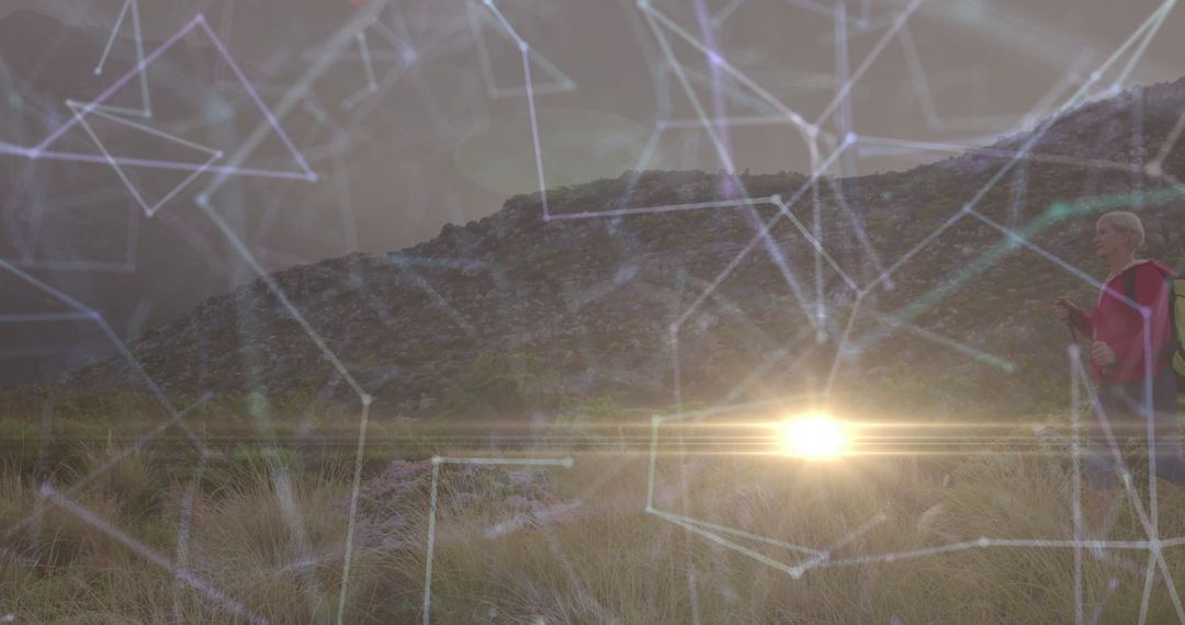 Adventure and Technology Concept with Hiker and Digital Lines