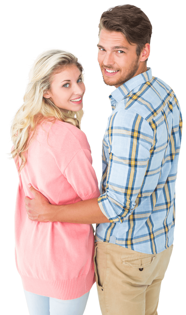 Attractive Couple Embracing and Smiling at Camera, Transparent Background