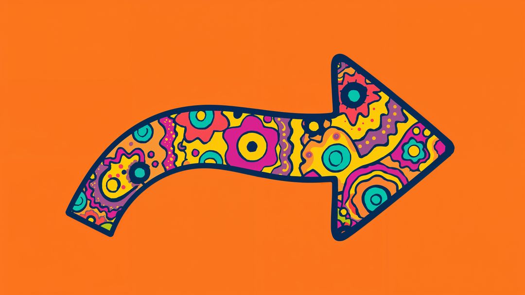 Colorful floral motif curved arrow on bright orange background