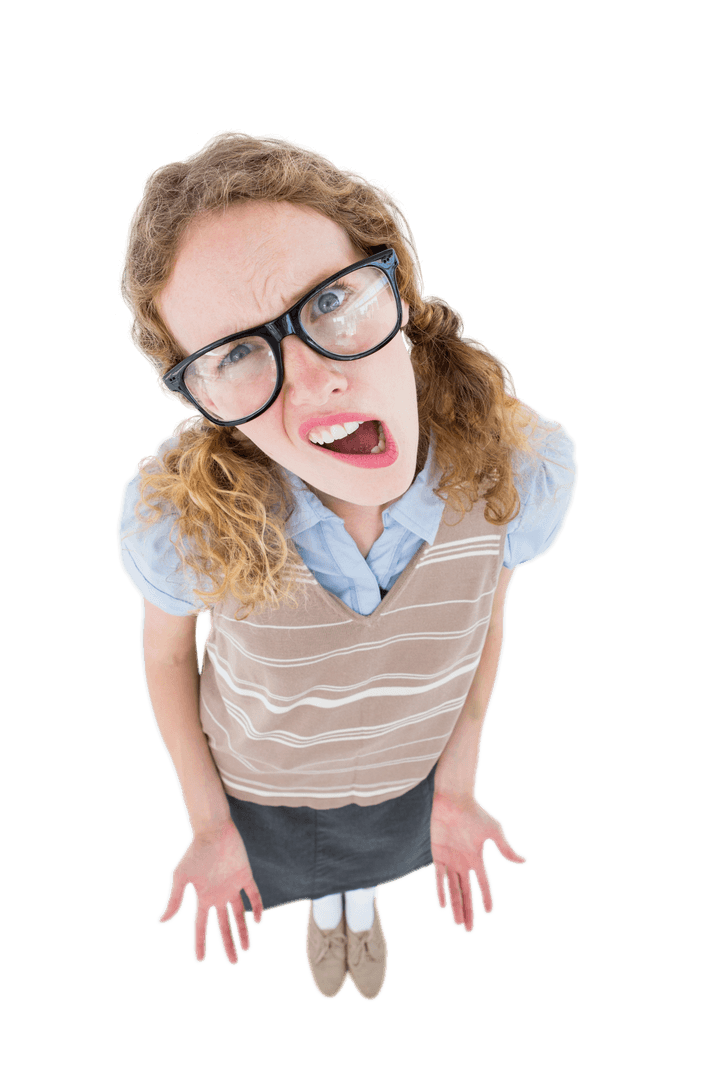 Confused Female Nerd Expressing Confusion on Transparent Background