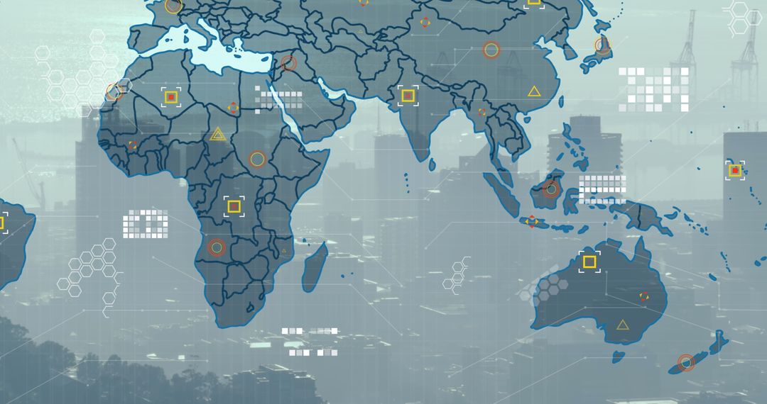 World Map Overlay with Data Highlights Against Cityscape