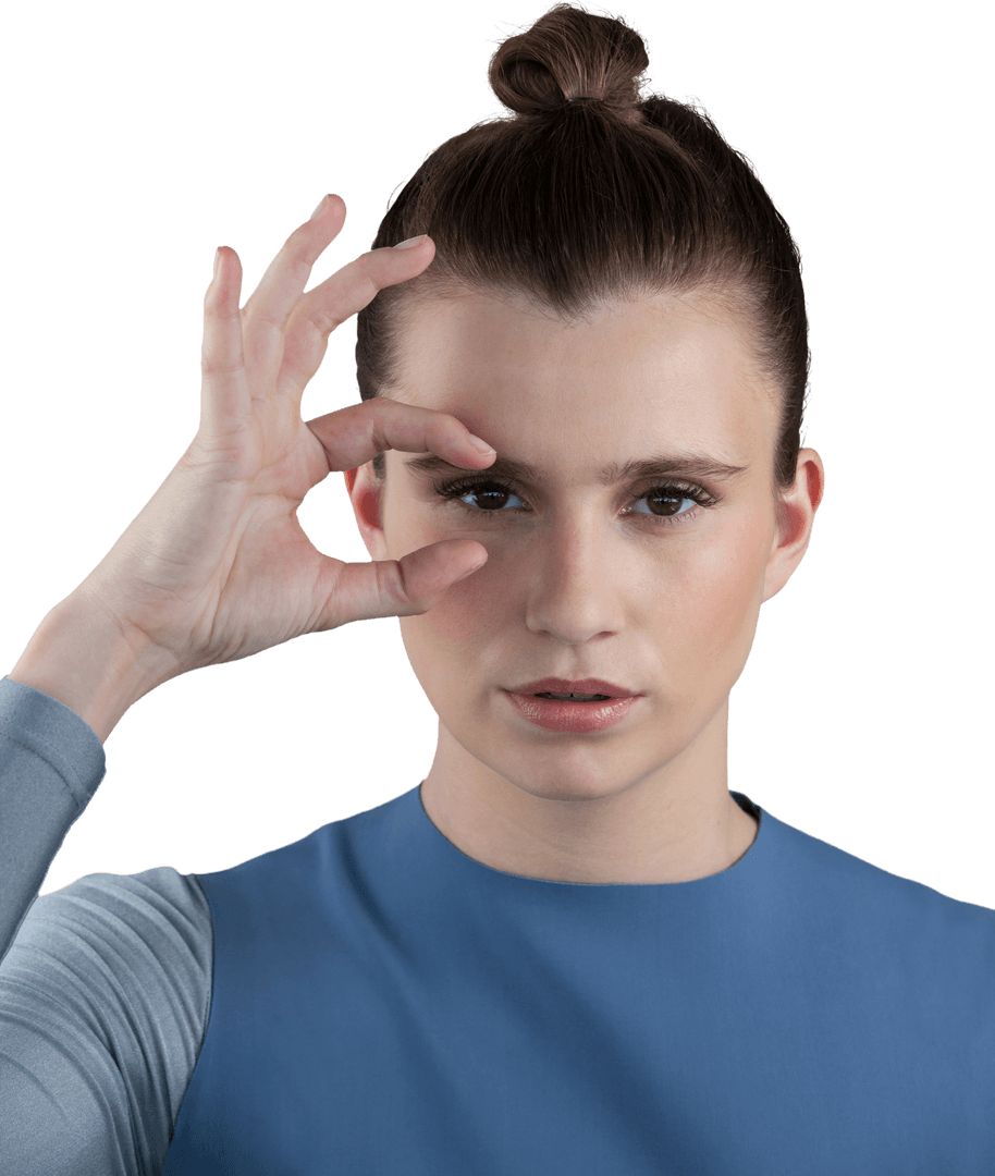 Transparent Background Portrait of Woman Gesturing Eyeglasses