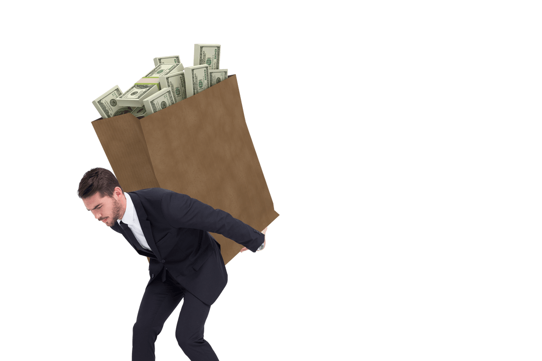 Transparent Businessman Struggling Under Heavy Load of Dollars
