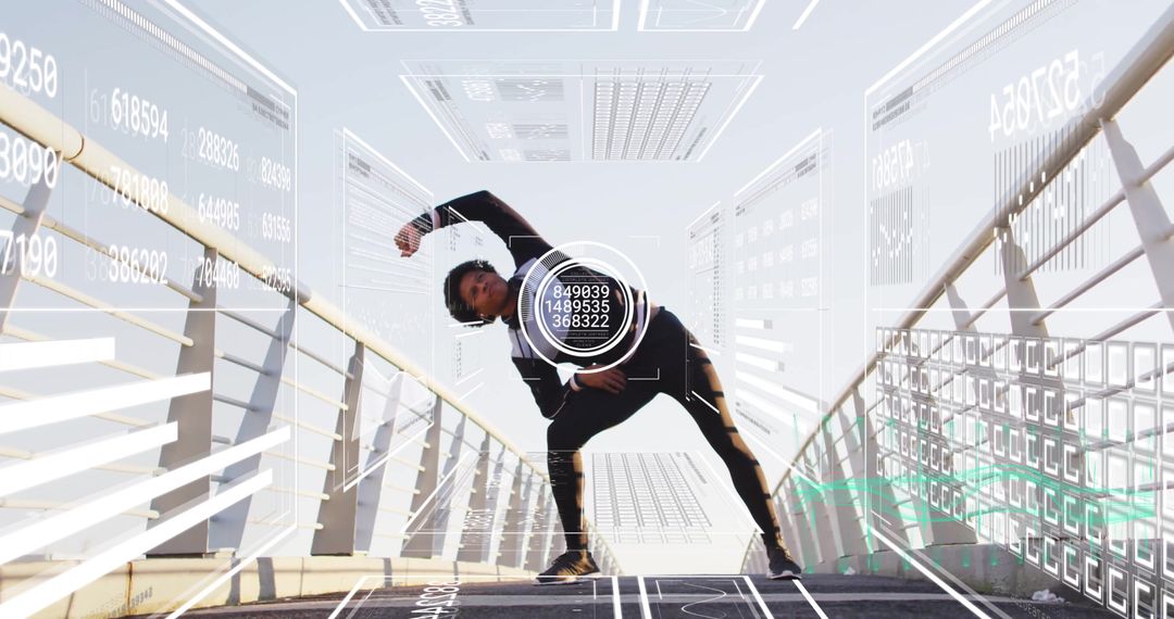 Futuristic Athlete Training on Bridge with Digital Data Overlays