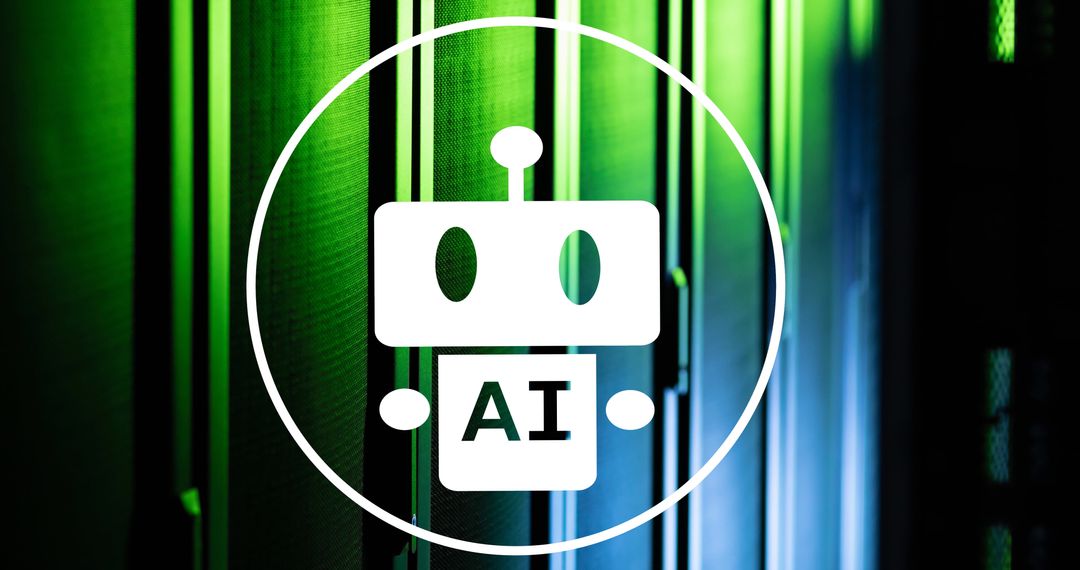 AI Robot Icon Over Server Room Background