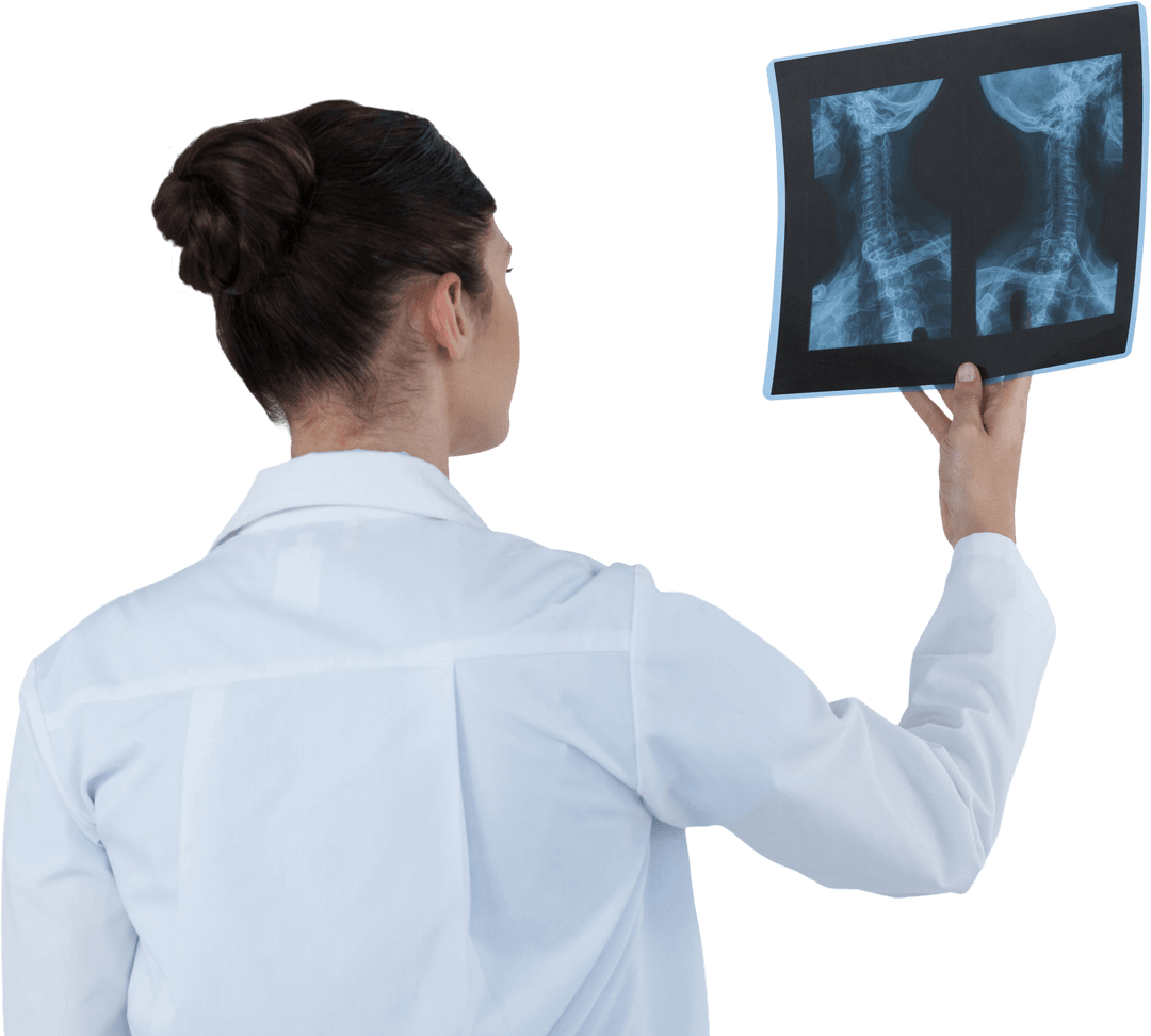 Female Doctor Examining Transparent X-ray Image
