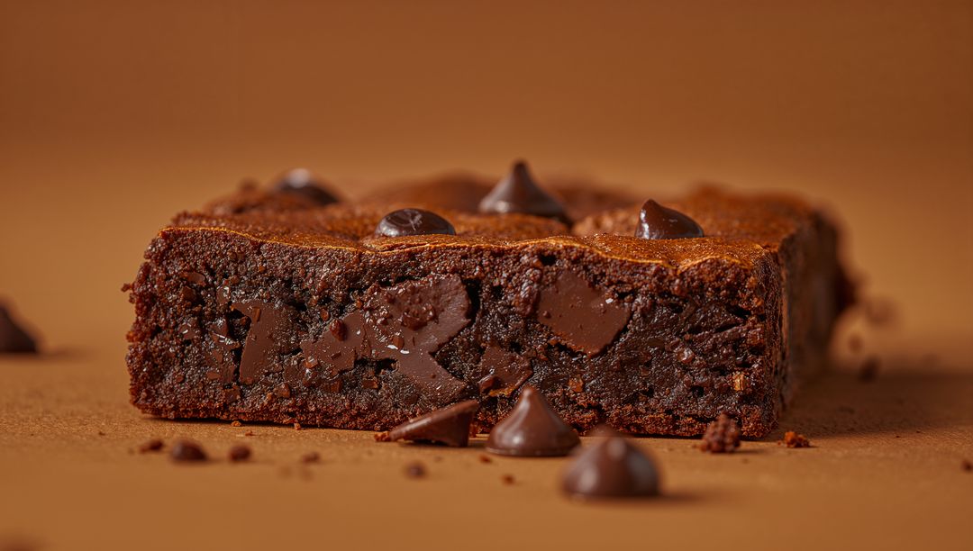 Square brownie slice revealing molten chocolate pockets with glossy chips on matte brown
