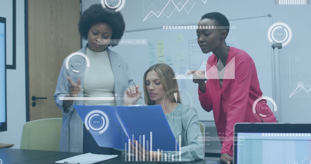 Business Team Analyzing Data with Futuristic Graphics in Office