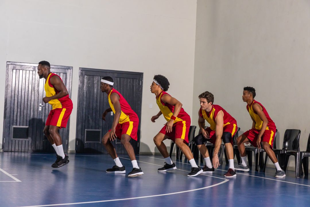 Diverse Basketball Team Defending on Indoor Court