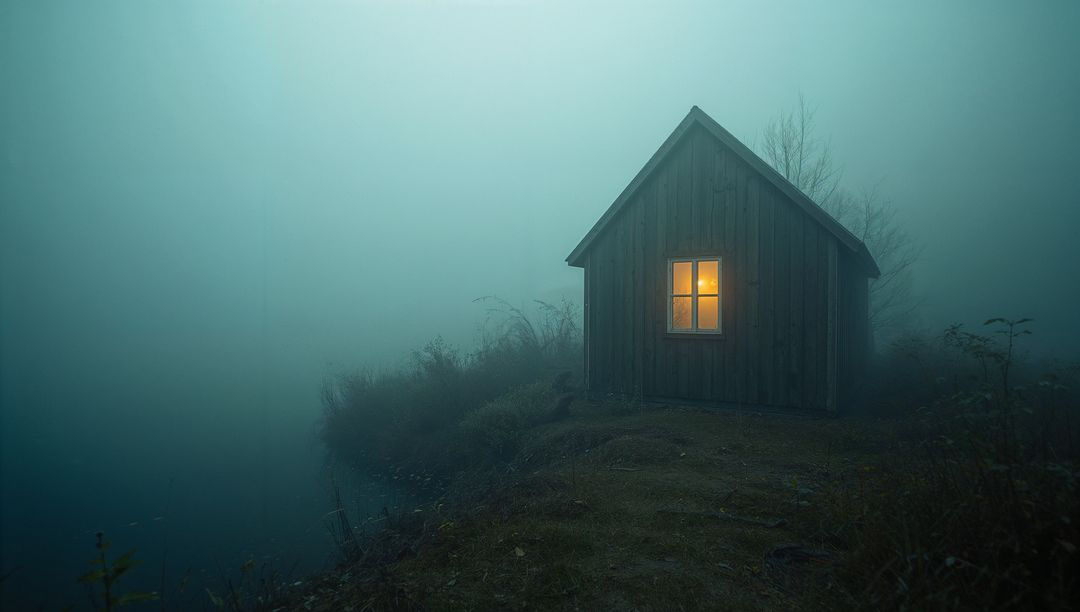 Solitary Cabin with Glowing Window in Foggy Wilderness
