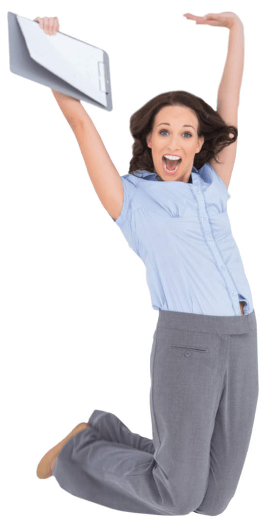 Elated Businesswoman Jumping with Clipboard Transparent Background