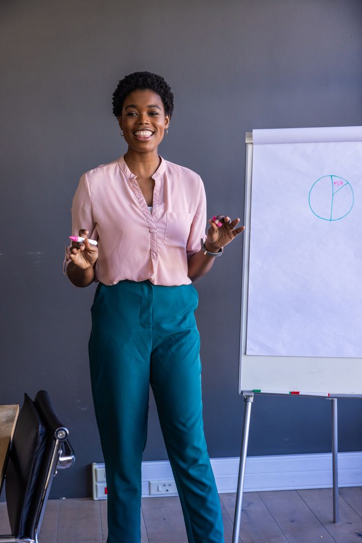 Confident Professional Presenting in Office with Flipchart