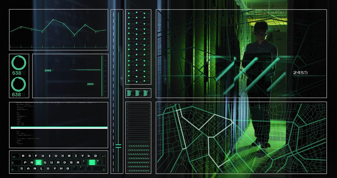 Asian Engineer Analyzing Digital Server in Futuristic Data Center