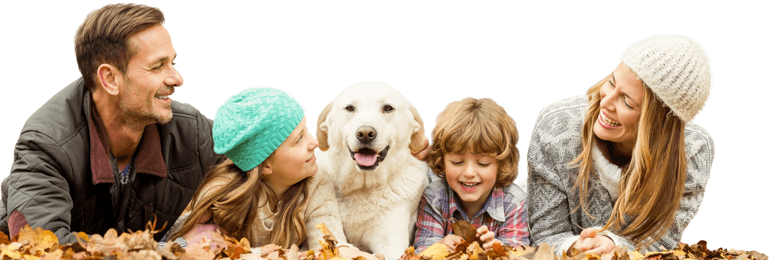 Happy Caucasian Family with Dog in Fall Leaves on Transparent Background