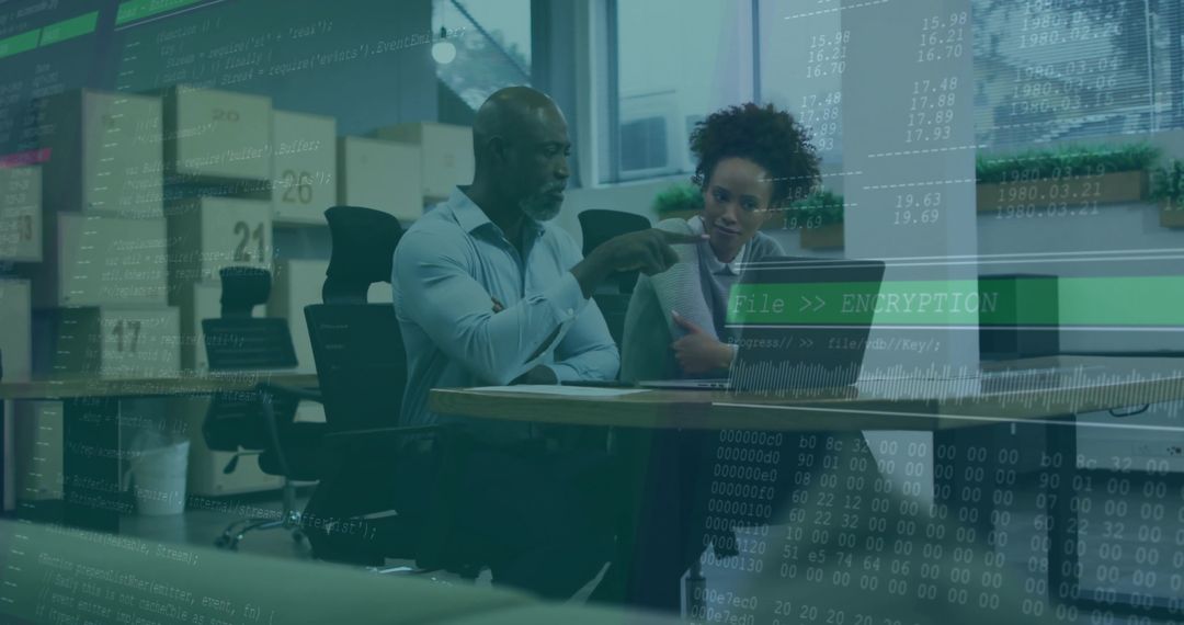 Coworkers Reviewing Encrypted Data on Laptop with Code Overlay