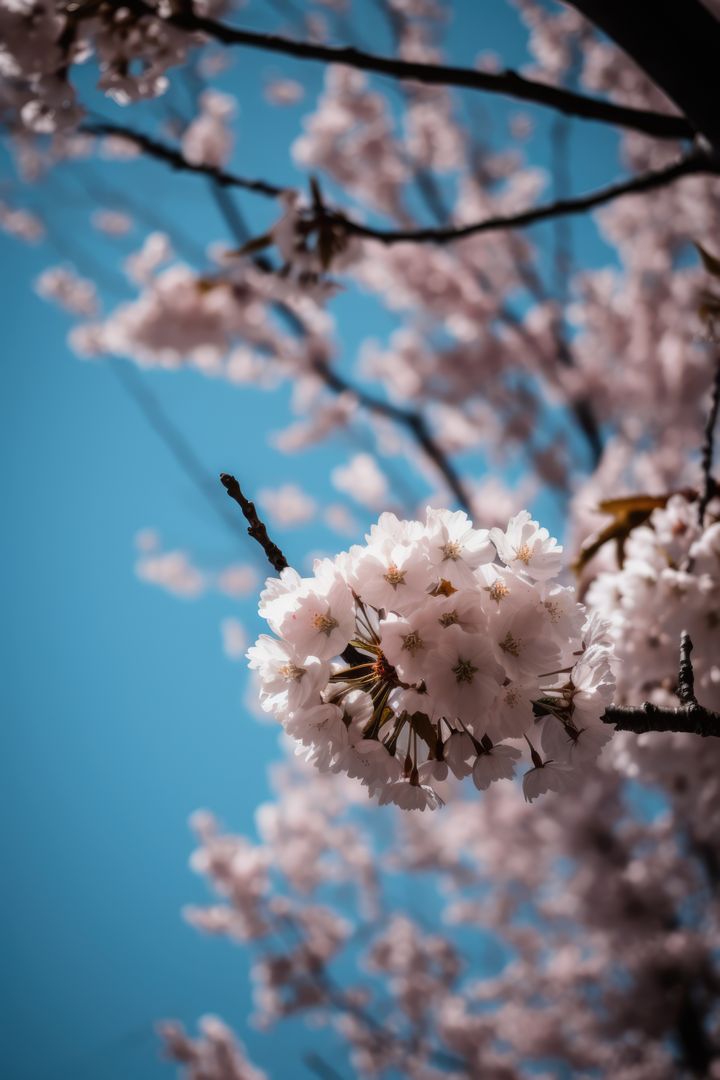 Cherry blossoms against blue sky, created using generative ai technology - Free Images, Stock Photos and Pictures on Pikwizard.com