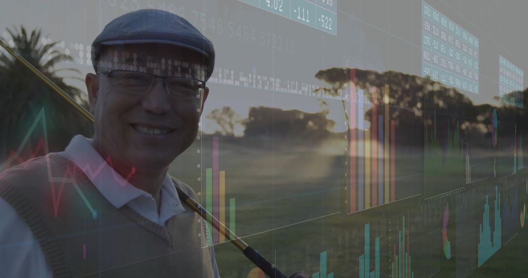 Senior Golfer Enjoying Morning Game with Financial Data Background