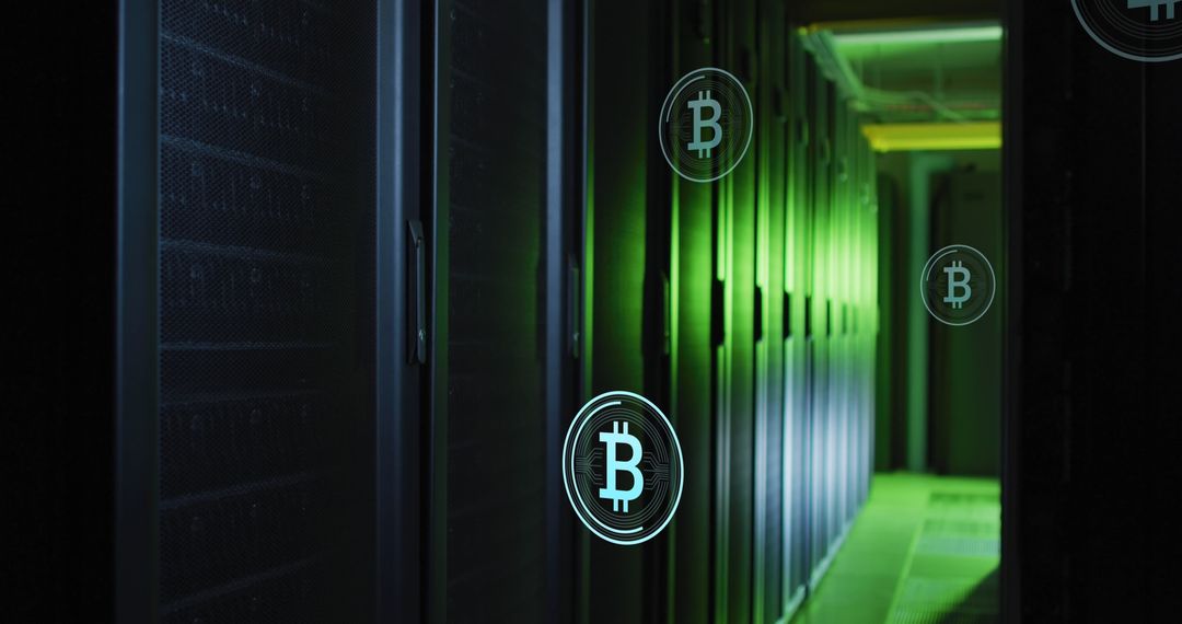 Bitcoin Symbols Floating in Dark Server Room Illustrating Cryptocurrency