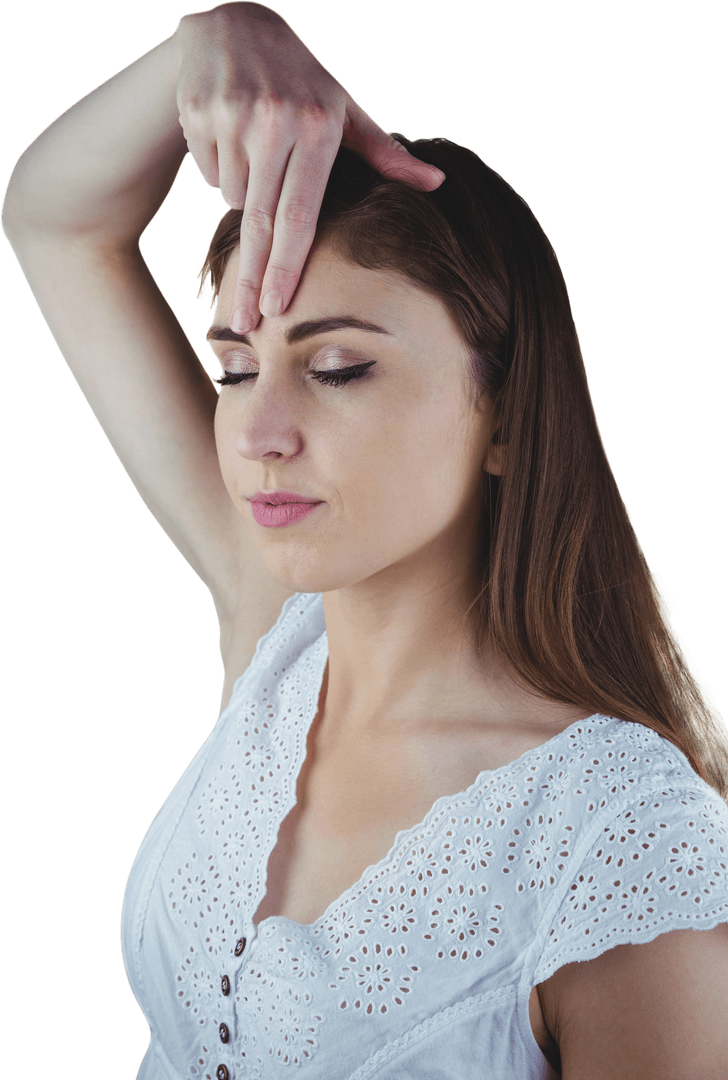 Transparent Serenity: Woman Meditating with Hand on Forehead