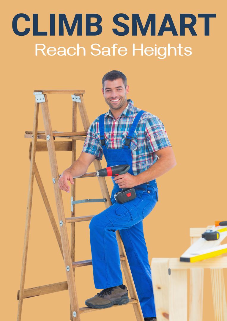 Caucasian Worker Holding Drill on Ladder Indoors