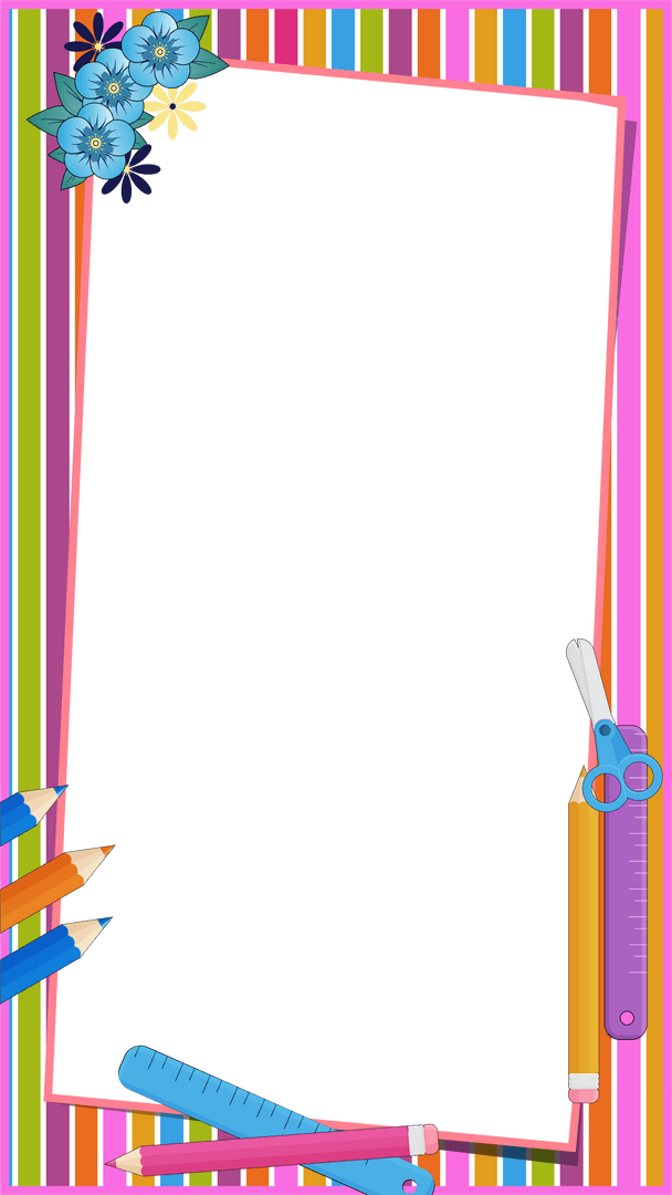 Colorful Stationery Border With Floral and Tools on Transparent Background