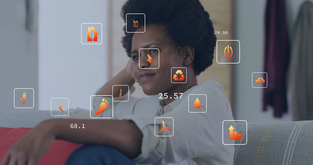 Woman Relaxing on Sofa with Floating Energy Usage Icons