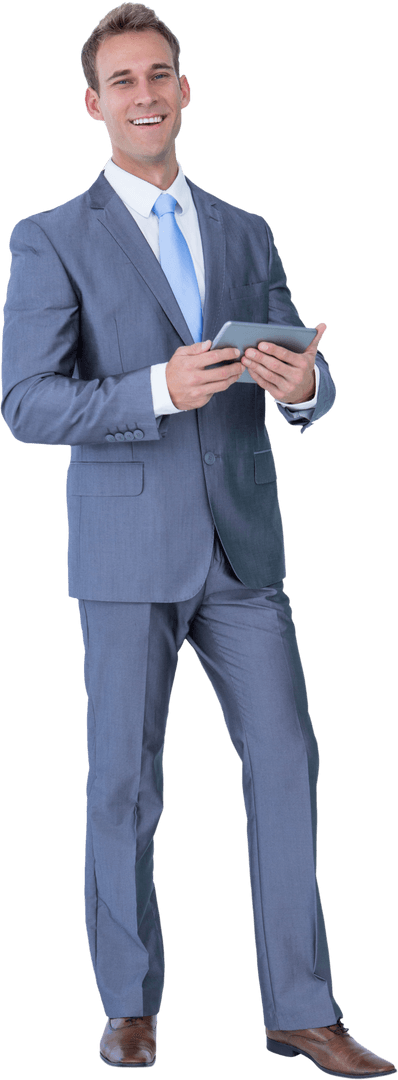 Confident Businessman Holding Tablet on Transparent Background