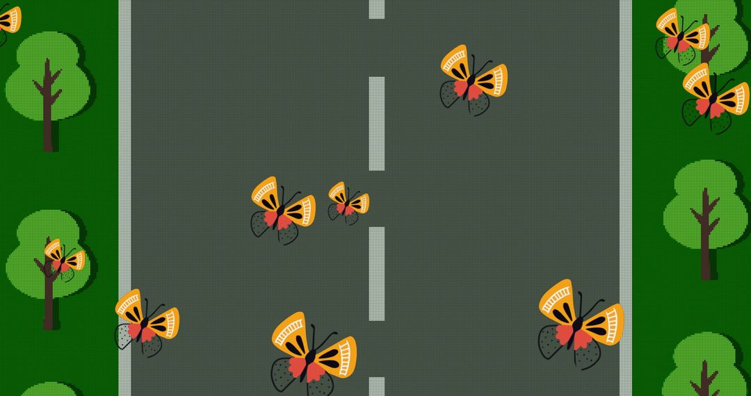 Retro Game Screen with Butterflies on Virtual Road