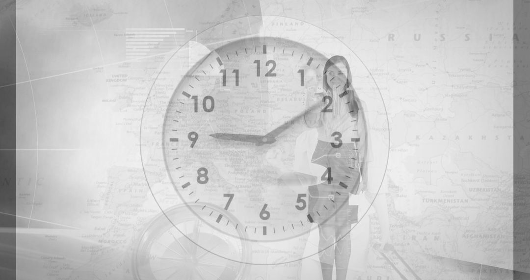Businesswoman Managing Time Zones with Global Map Background