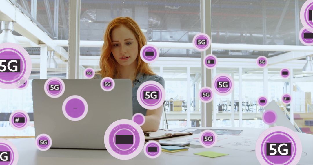 Businesswoman Utilizing 5G Technology for Enhanced Digital Workflow
