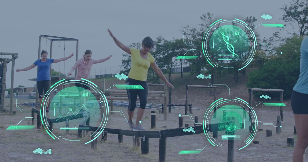 Women Balancing on Obstacle Course with Digital Infographics