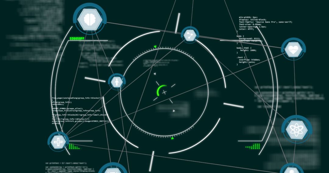 Futuristic HUD Interface with Connected Nodes and Codes