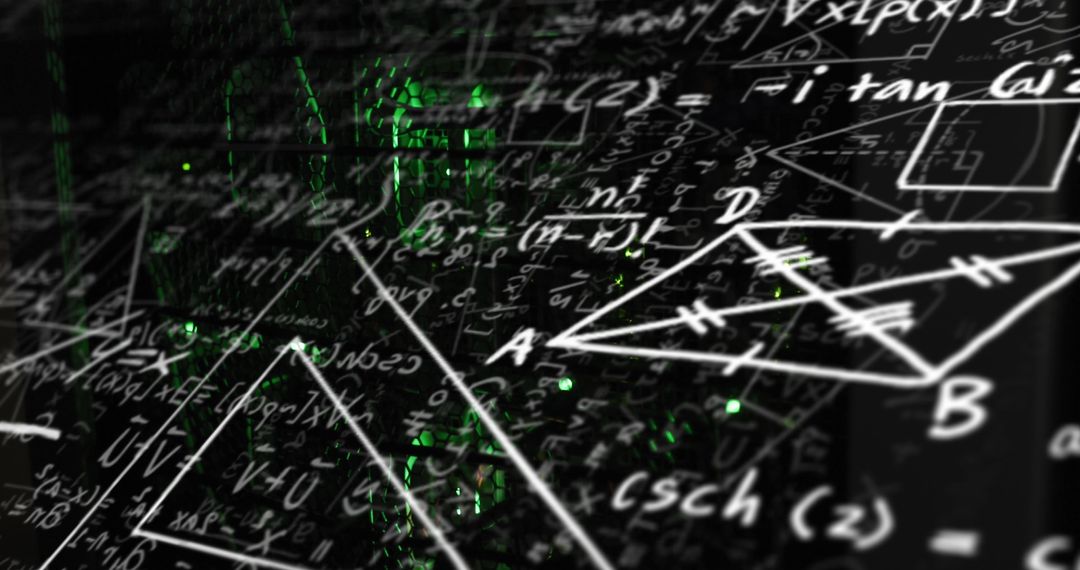 Mathematical formulas overlay with illuminated server rack