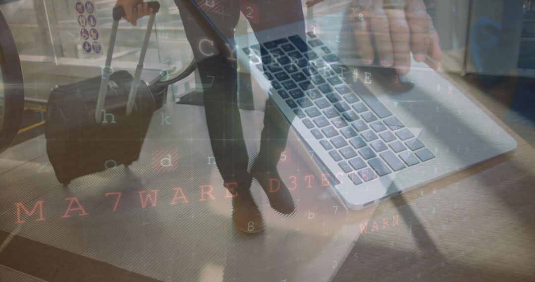Traveler Walking with Suitcase and Typing on Laptop Overlay