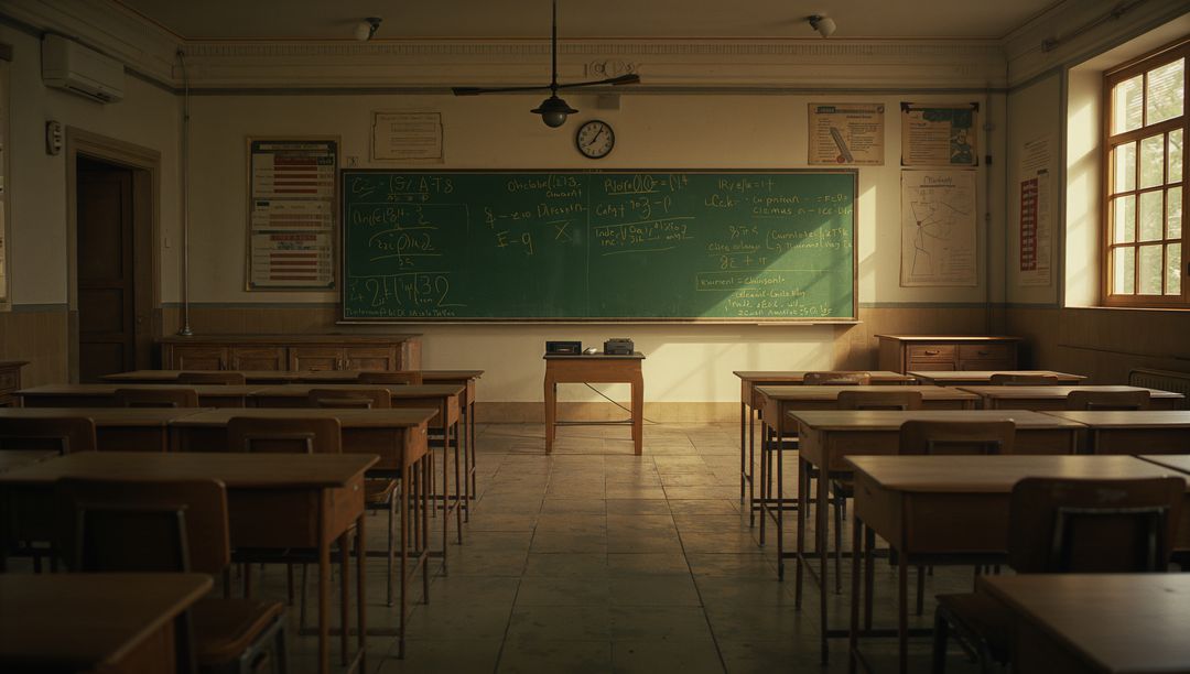 Empty vintage classroom with chalkboard and sunlight