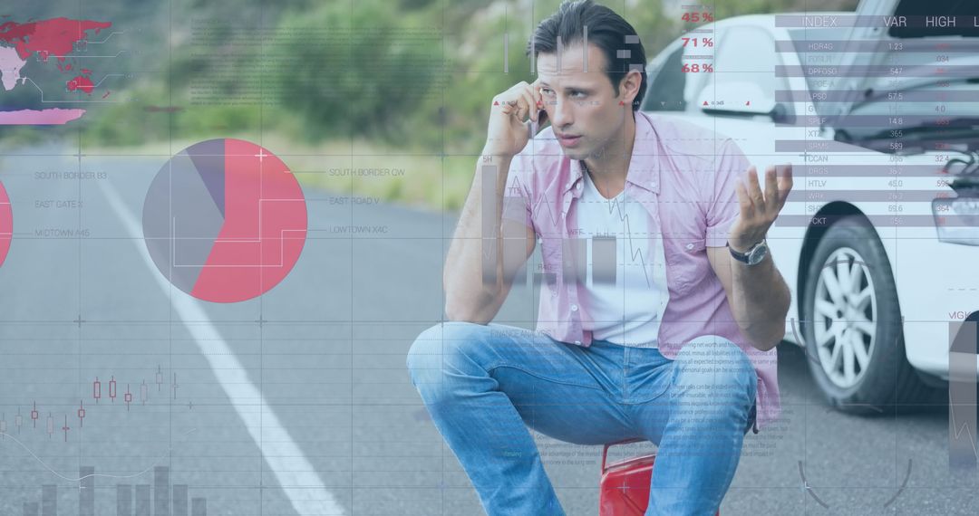 Frustrated Man Using Phone with Financial Overlay During Car Breakdown