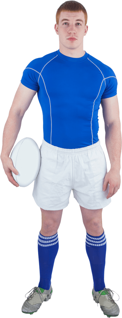 Transparent Rugby Player Holding Rugly Ball in Blue Uniform