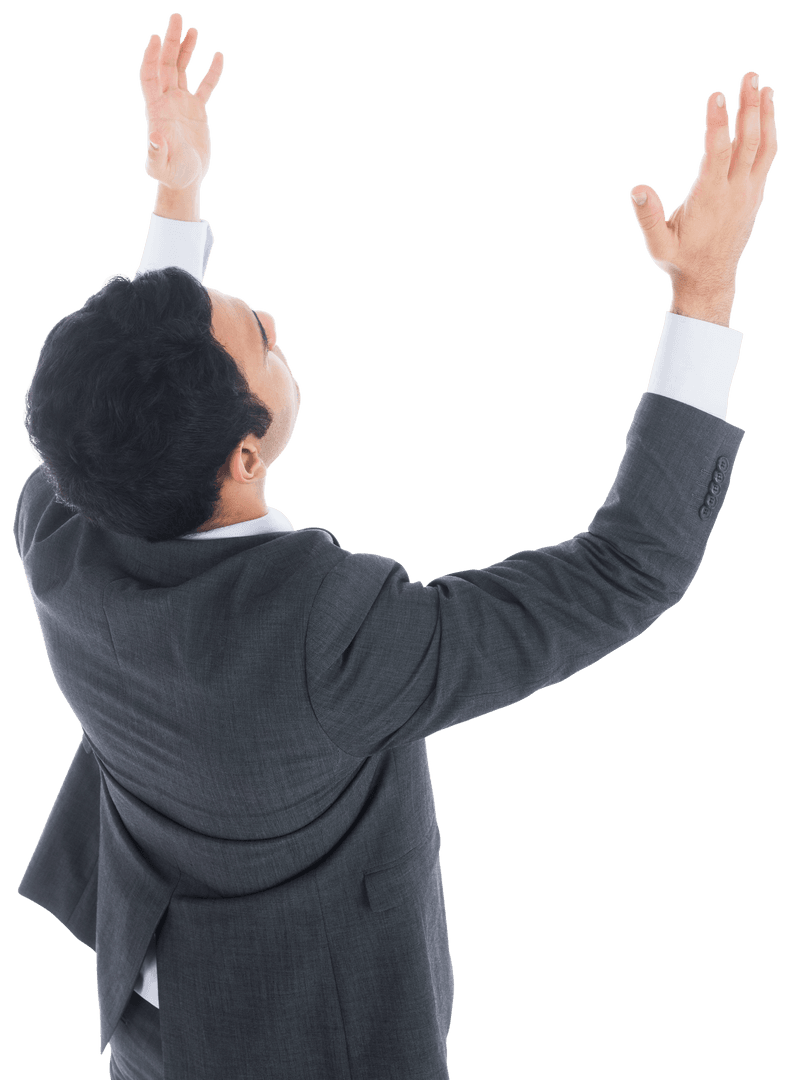 Biracial Businessman Raising Hands in Victory on Transparent Background