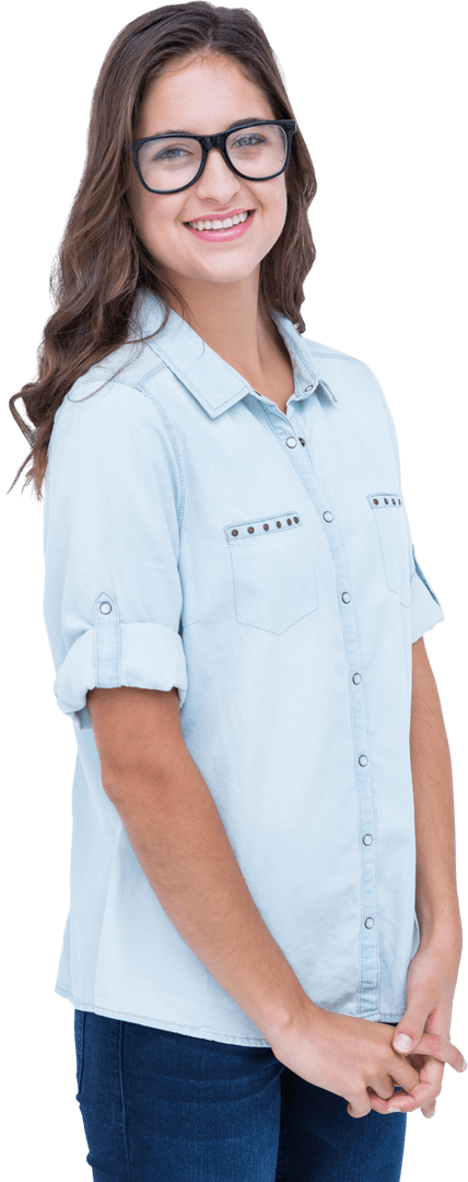 Transparent Nerdy Woman Smiling with Glasses and Casual Attire
